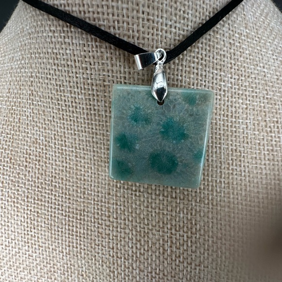 Light Green Coral Fossil Pendant Necklace on Black Satin Rope - Picture 14 of 15